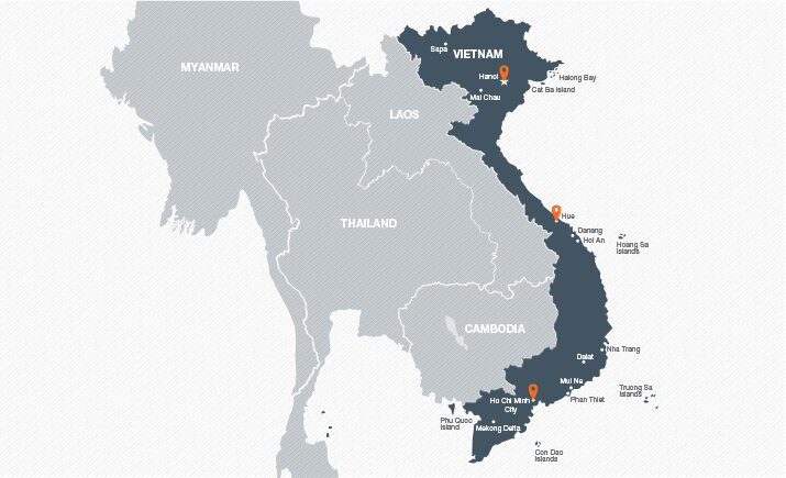 Mapa de los mejores lugares para visitar durante su viaje a Vietnam